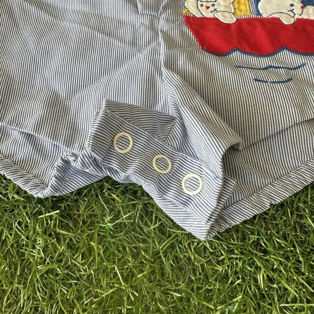 Vtg‎ 80s Sailor Romper Outfit Infant Size 6-9 Months Blue White Stripe Bear Boat